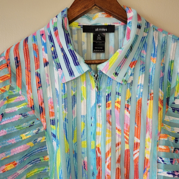 Ali Miles Size PL Sheer Mesh Front Zip Jacket Abstract Multi Color Design - Picture 2 of 12